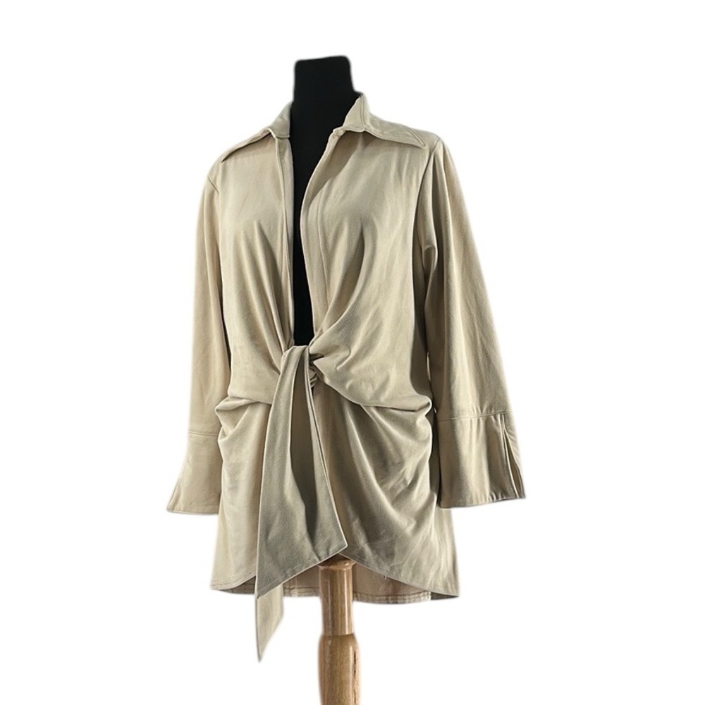 Joseph Ribkoff tie front top faux suede Beige  Collared blouse sz 14